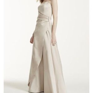 David’s Bridal Satin Gown with Side Drape & Brooch